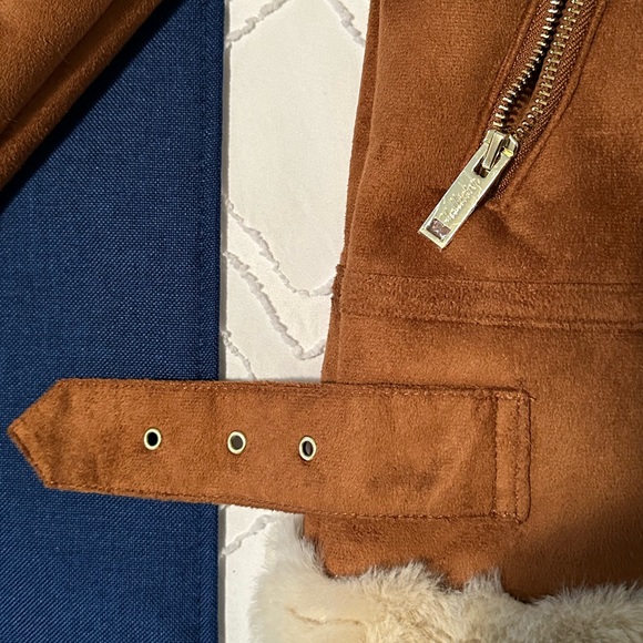 HOLLISTER Womens Suede Faux Fur Lined Fleece Aviator Bomber Jacket Brown XXS - Picture 2 of 4